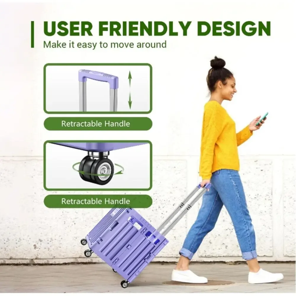 Folding Utility Cart Rolling Collapsible Shopping Crate Purple